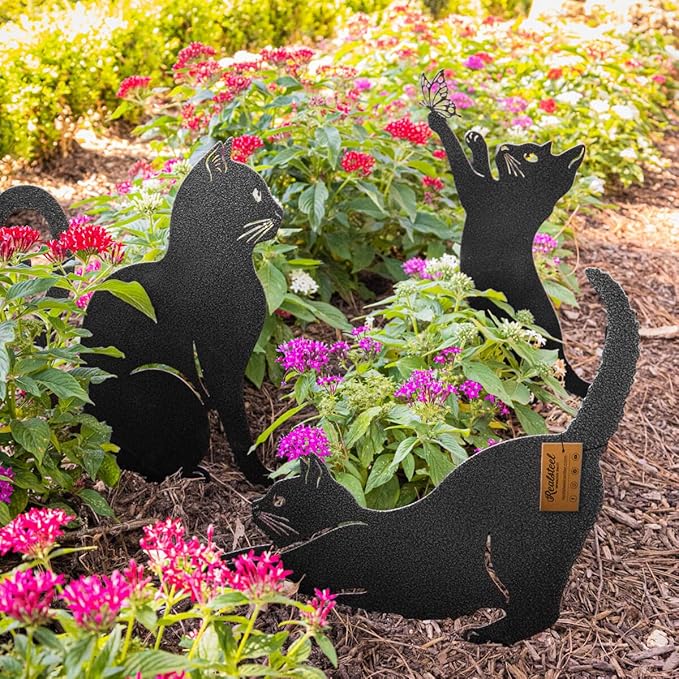 RealSteel I 3 Pack Steel Cat Garden Decor I Outdoor Yard Decorations I Gift for Cat Lovers I Lawn Ornaments and Statues I Garden Signs Decorative Outdoor - Black-Ruum Studio Home
