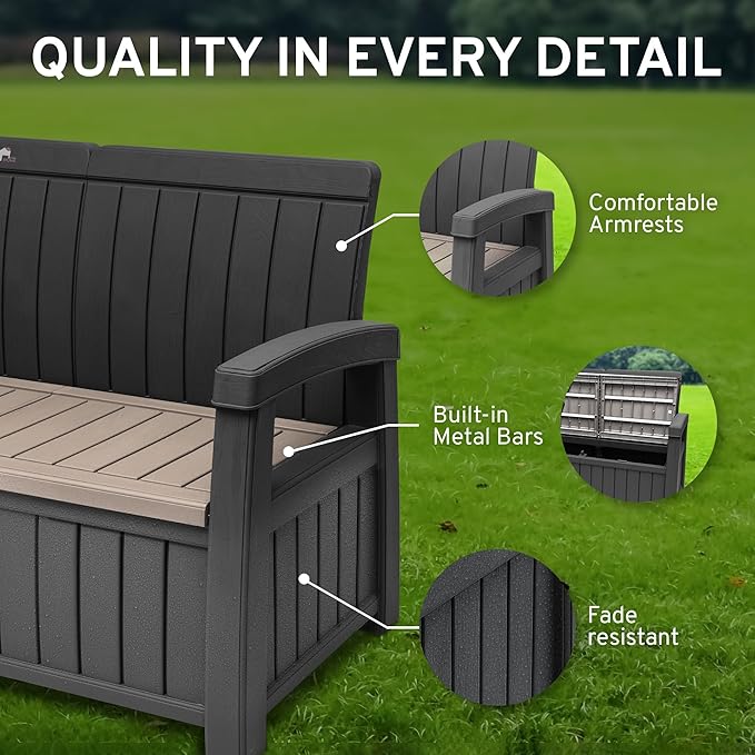 EconoHome 3 Seat Outdoor Storage Bench - 90 Gallon Capacity - Weatherproof Resin Bench for Patio, Porch, Garden, Yard, Pool Area - Furniture for Pool Accessories, Gardening Tools, Toys-Ruum Studio Home