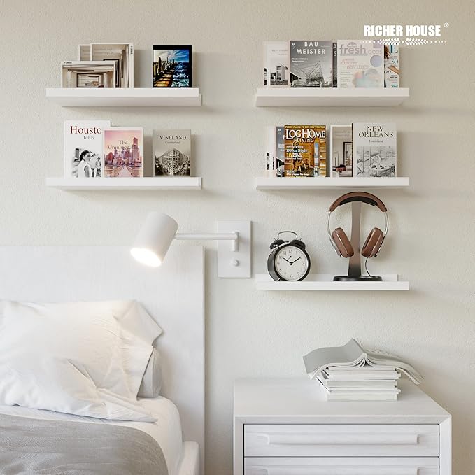 RICHER HOUSE 5 Set White Floating Shelves, Wall Mounted Shelves for Wall Decor, Modern Picture Ledge Shelf with Lip for Wall Storage Nursery, Bedroom, Living Room, Bathroom - White-Ruum Studio Home