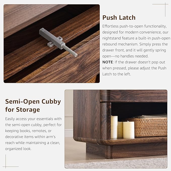 Nightstand with Charging Station, 22" Push-to-Open Bedside Table with 2 Storage Drawers, Large Modern End Table for Bedroom,Living Room,Brown-Ruum Studio Home