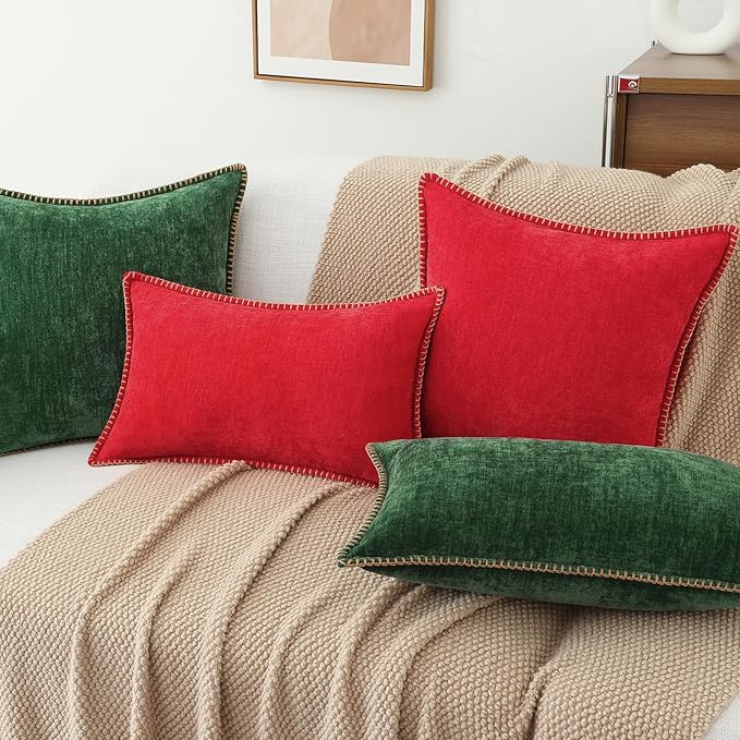 decorUhome Chenille Soft Throw Pillow Covers 18x18 Set of 2, Farmhouse Velvet Neutral Decorative Euro Pillow Covers with Stitched Edge for Couch Sofa Bed Home Decor, Red-Ruum Studio Home