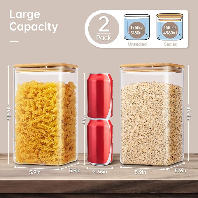 Extra Large Square Glass Flour & Sugar Storage Containers with Airtight Lids, 168oz 2 Pack Glass Jars with Bamboo Lids, Air tight Pantry Food Storage Containers for Cereal, Pasta, Rice Organizers-Ruum Studio Home