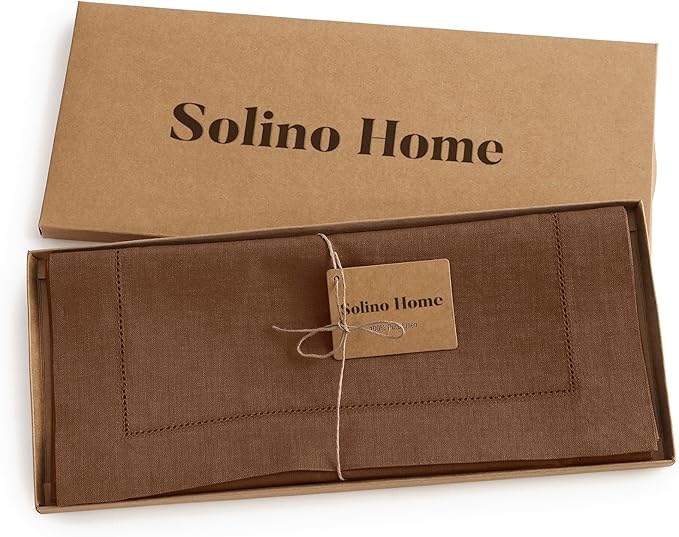 Solino Home Linen Brown Table Runner 108 Inches Long - 100% Pure Linen 14 x 108 Inch Table Runner for Fall, Autumn, Thanksgiving - Classic Hemstitch-Ruum Studio Home