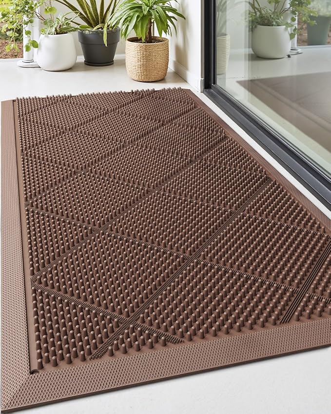 DEXI Front Door Mats Outside Entrance, 17x36 Rubber Waterproof Dirt Trapping Entry Mat for Entryway, Heavy Duty Non-Slip Low-Profile Welcome Doormat All Weather for Patio, Brown-Ruum Studio Home