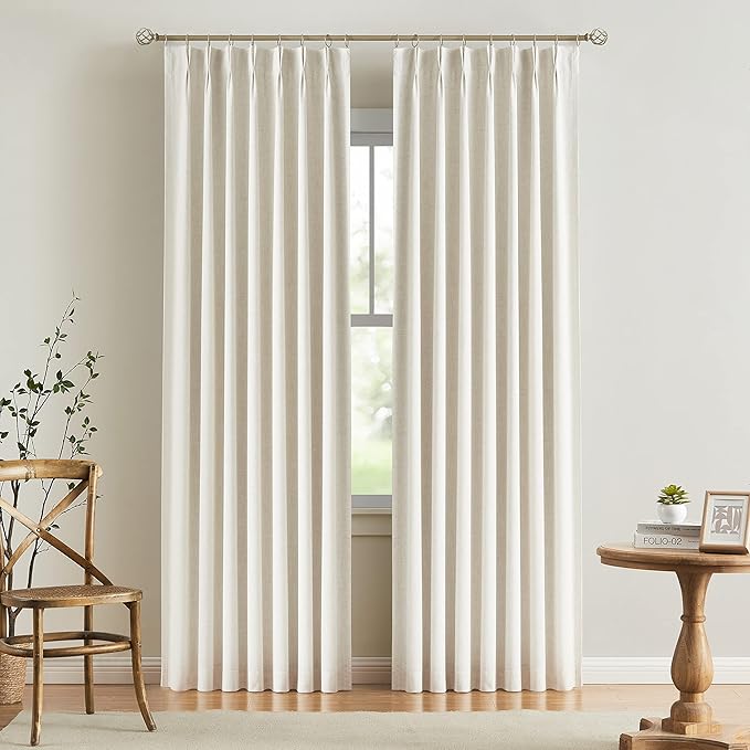 Vision Home Natural Pinch Pleated Full Blackout Curtains Linen Blended Room Darkening Window Curtains 63 inch for Living Room Bedroom Thermal Insulated Pinch Pleat Drapes with Hooks 2 Panel 40"Wx63"L-Ruum Studio Home