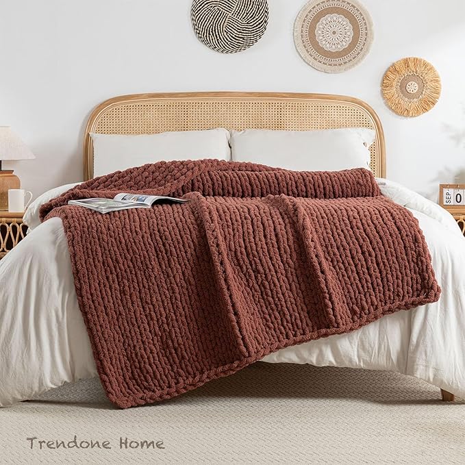 Chunky Knit Blanket Throw, 100% Hand Knit Throw Blanket Handmade Chenille Cable Knit Throw for Couch, Stylish Cozy Soft Rope Knot Crochet Blanket for Home Decor, Copper Brown, 40x50 Inches-Ruum Studio Home