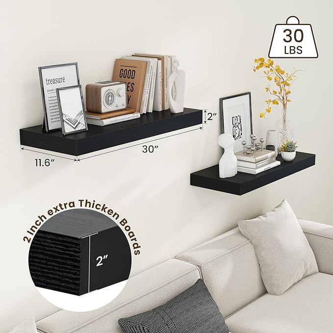 Deep Floating Shelves for Wall | 30W x 12D Black Floating Shelves Set of 2 | 12 Inch Deep Wall Shelves for Living Room Bathroom Laundry Room Bedroom Kitchen Home Office - Black-Ruum Studio Home