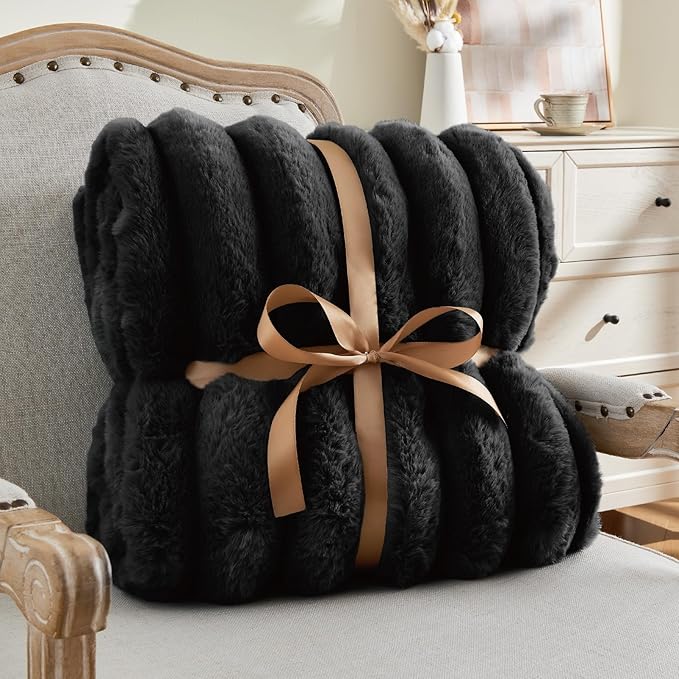 BEDELITE Faux Fur Throw Blanket for Couch, Soft and Cozy Luxurious 3D Striped Fluffy Blanket, 770GSM Thick Warm Plush Fuzzy Faux Rabbit Fur Blanket for Women Gift (Black, 50"x 60")-Ruum Studio Home