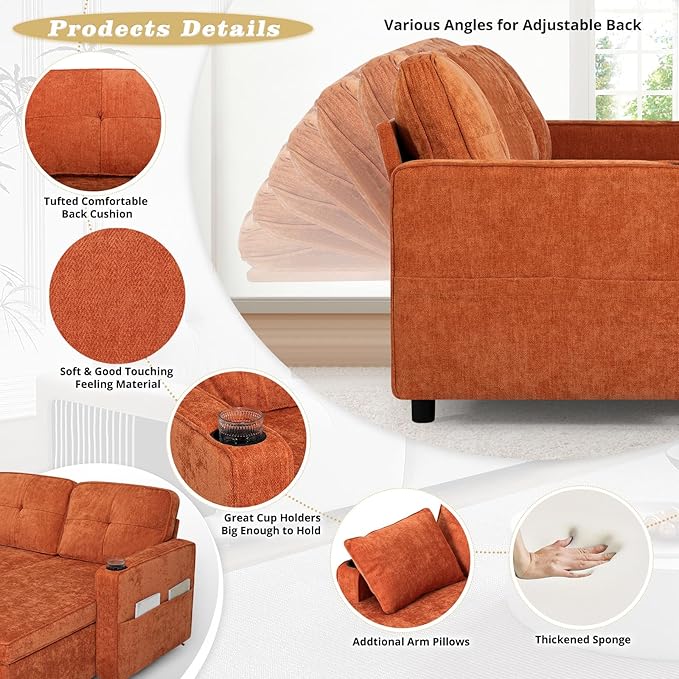 84 Inches Chenille Sectional Sofa w/Pull-Out Sofa Bed & Adjustable Back, Tufted L-Shaped Couch w/Storage Chaise, Sleeper Sectional Sofa w/USB Port & Cup Holders for Living Room, Orange-Ruum Studio Home