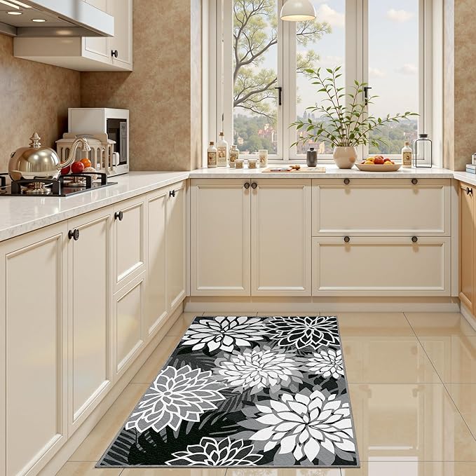 Area Rug 2x3 Black White Washable Entry Small Rug Multicolored Tropical Botanical Modern Floral Indoor Kitchen Door Mat Entrance Carpet Non Slip for Bedroom Living Room, Porch-Ruum Studio Home