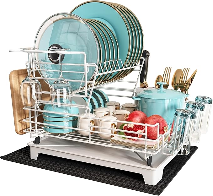 BOOSINY 2 Tier White Large Stainless Steel Dish Drainers Drying Rack for Kitchen Counter with Drainboard, Rust Proof Metal, Space Saving, Modern Aesthetic, Compact Plates Strainers with Extra Mat-Ruum Studio Home