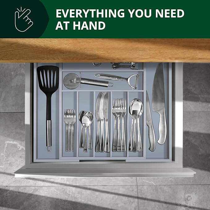 Luxury Bamboo Kitchen Drawer Organizer - Silverware Organizer - Utensil Holder and Cutlery Tray with Grooved Drawer Dividers for Flatware and Kitchen Utensils (9 Slot, Gray)-Ruum Studio Home