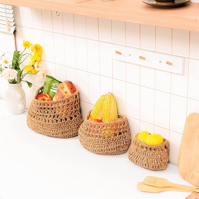 Hanging Fruit Basket, 3 Tier Woven Jute Wall Hanging Basket for Organizing, Hanging Produce Basket for Fruit & Vegetable Storage, Boho Kitchen Decor, Wall Basket Storage for Kitchen, Bedroom, Bathroom-Ruum Studio Home