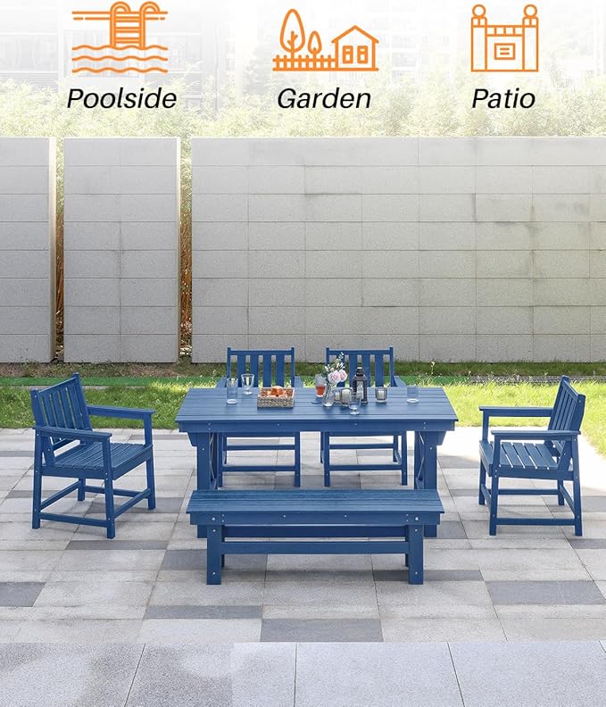 HDPE Outdoor Bench, 55" Patio Bench Outdoor Furniture, Poly Lumber Adirondack Benches, All Weather HDPE Garden Backless Benches for Park, Poolside, Deck, Porch, Navy-Ruum Studio Home