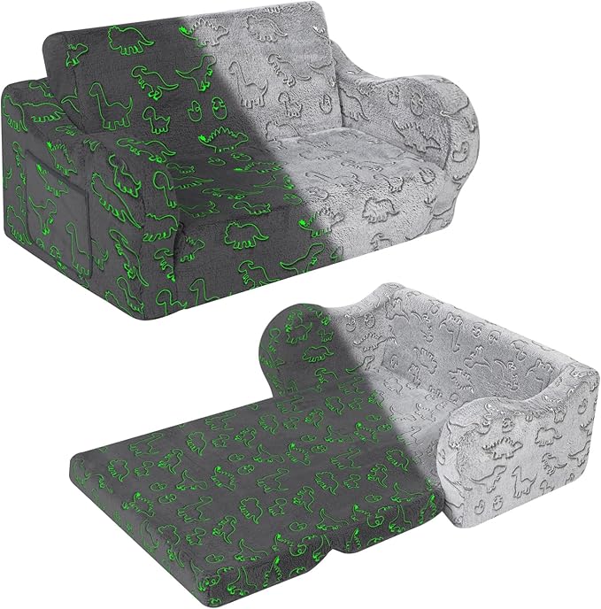 Kids Extra Wide Glow in The Dark Chairs for Toddler, 2-in-1 Toddler Soft Sherpa Couch Fold Out, Convertible Sofa to Lounger for Girls and Boys, Dark Grey-Ruum Studio Home