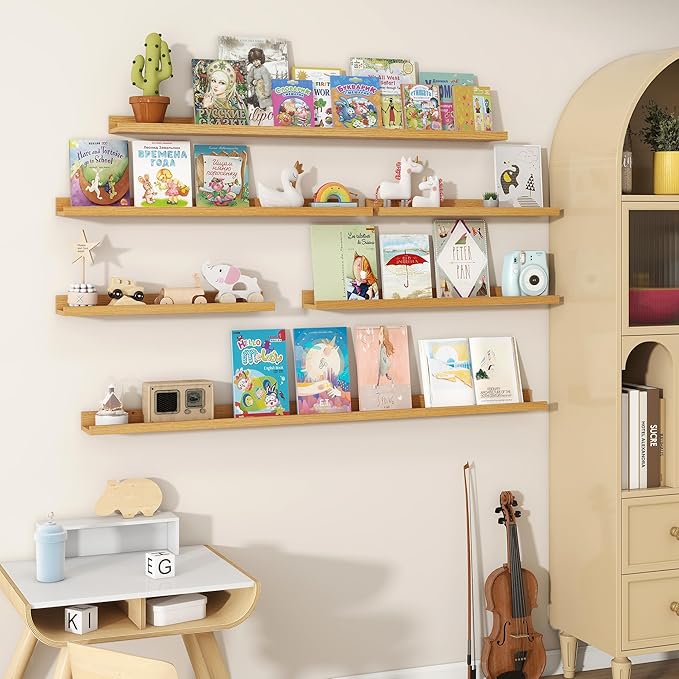 Fun Memories Picture Ledge Shelves Set of 2, 36 Inch Rustic Wall Mounted Floating Shelves with Lip for Home Storage and Décor in Bathroom, Kitchen, Nursery, Bedroom, Living Room, Oak-Ruum Studio Home