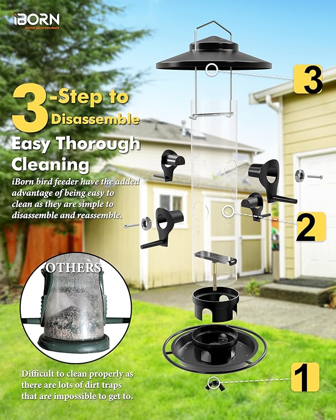 iBorn Metal Bird Feeders for Outdoors, 2LB Bird Seed Feeder 17cm Large Roof &Tray, 4 Feeding Ports, Black Finish-Ruum Studio Home