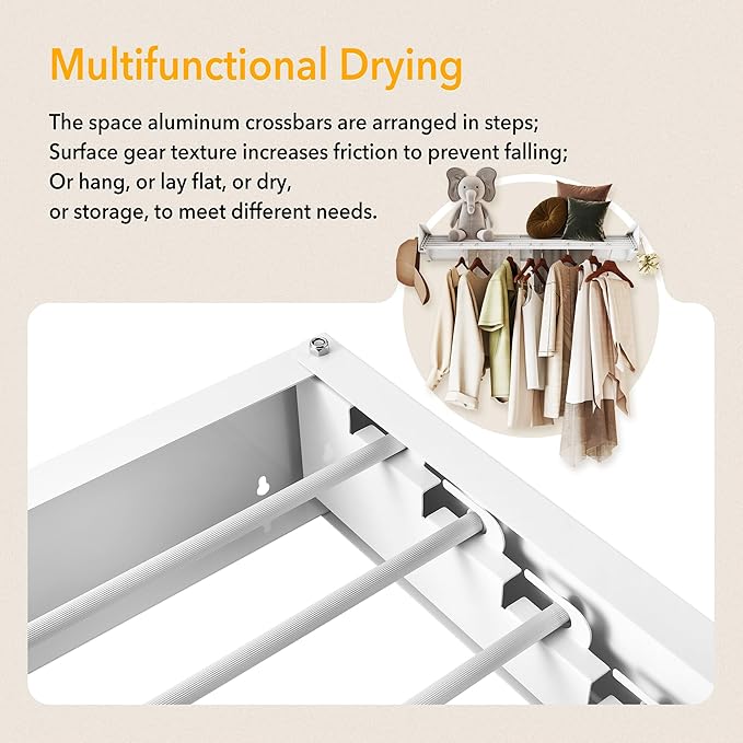 Upgrade Drying Rack Clothing,Clothes Drying Rack Wall Mounted,Laundry Drying Rack Wall Mount,Foldable,Collapsible,Retractable,6 Aluminium Poles,with Hooks,(White 35.5"-Ruum Studio Home