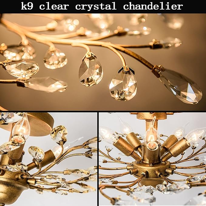 Ganeed Crystal Chandeliers,Vintage K9 Clear LED Ceiling Lighting,Edison Pendant Light Flush Mounted Fixture with 5 Light for Living Room Dinning Room Restaurant Porch Hallway (Gold)-Ruum Studio Home