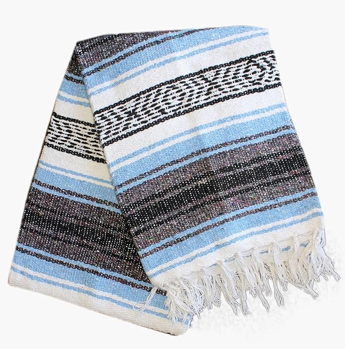Del Mex Classic Mexican Blanket, Large Authentic Woven Falsa Throw (70"x50"), Artisan Southwest Décor for Beach, Yoga, Outdoors (Light Blue)-Ruum Studio Home