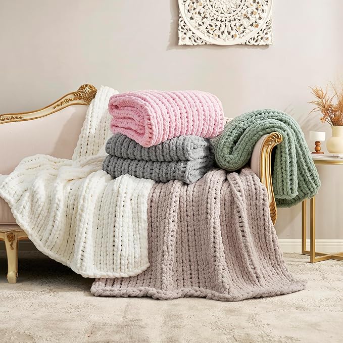 Amélie Home Chunky Knit Throw Blanket for Couch, Soft Chenille Crochet Blanket for Sofa, 50"x60", Ivory-Ruum Studio Home