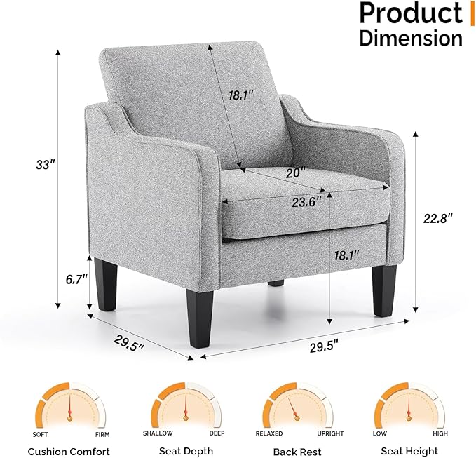 VINGLI Accent Chairs for Living Room Mid Century Modern Chair Sofa Chair Upholstered Arm Chair with Scooped Arms for Bedroom, Apartment, Office, Studio, Waiting Room, Play Room-Ruum Studio Home