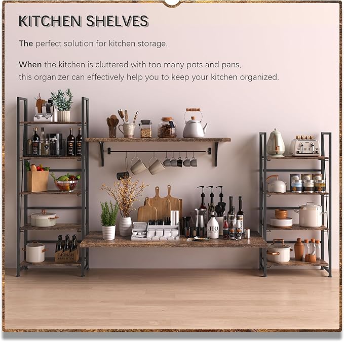 4NM No Assembly Foldable Bookshelf, 5-Shelf Collapsible Bookcase Storage for Small Spaces, 62.2" H, Rustic Brown and Black-Ruum Studio Home
