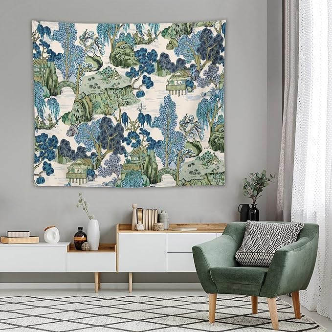Chinoiserie Tapestry,Asian Watercolor Abstract Art Tapestry,Asian Japanese Wall Tapestry, Nature Landscape Tapestries for Bedroom Living Room Decor 60"x50"-Ruum Studio Home