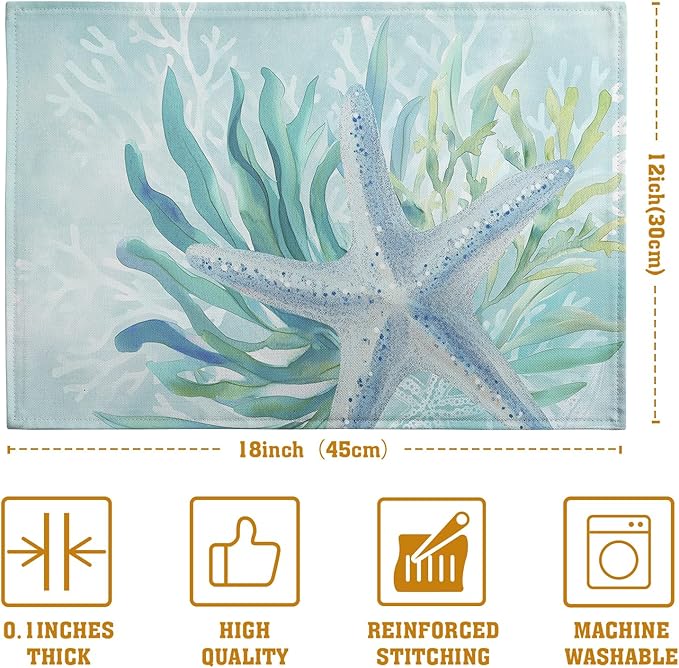 Nautical Coastal Placemats Set of 4 Ocean Coral Starfish Seagrass Beach Theme Table Mat 12x18 Inch Teal Turquoise Blue Summer Linen Fabric Place Mats for Party Kitchen Dining Outdoor Indoor Decor-Ruum Studio Home
