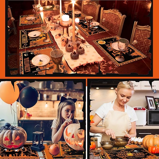 Umigy 6 Pcs Halloween Placemats 12"x18" Gothic Bat Placemats Kitchen Decoration Washable Witch Place Mats Rectangle Skull Table Mats for Halloween Dining Table Accessories(Black Orange Style)-Ruum Studio Home