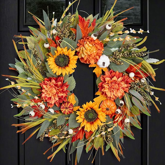 Fall Wreaths for Front Door 24 Inch Fall Wreath with Pumpkins, Sunflowers & Berries – Outdoor Autumn Wreath for Porch, Thanksgiving, Halloween & Harvest Decor-Ruum Studio Home