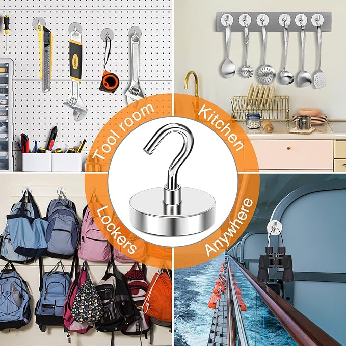 MIKEDE Strong Magnetic Hooks, 110Lbs Heavy Duty Magnetic Hooks for Cruise Cabin, Neodymium Earth Magnets with Hooks for Hanging, Super Metal Industrial Magnetic Hanger for Grill, Cruise, Storage-Ruum Studio Home