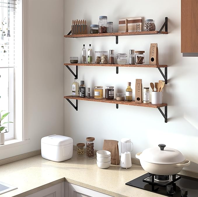 Heimlove Floating Shelves for Wall, 36 Inch Long Wood Floating Bookshelf Set of 3, Wall Mounted Hanging Shelf for Bathroom Bedroom Kitchen, Rustic Brown-Ruum Studio Home