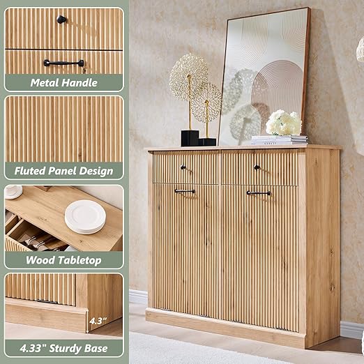 Modern Double Tilt-Out Trash Cabinet, 20 Gallon Fluted Laundry Hamper Cabinet with 2 Drawers, Wooden Hidden Garbage Can Cabinet with Storage Basket for Kitchen & Living Room, Natural Oak-Ruum Studio Home