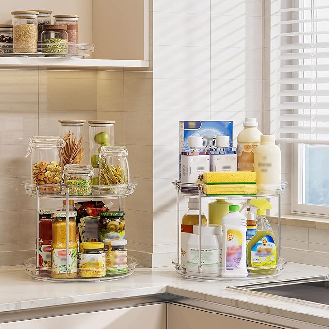 LAMU 2 Pack 10.6'' 2-Tier Lazy Susan Turntable Organizer Rotating Spice Rack Organization for Cabinet, Kitchen, Pantry, Countertop, Bathroom, Vanity, Makeup Organizer, Clear-Ruum Studio Home