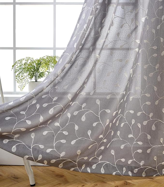 MIUCO Floral Embroidery Semi Sheer Curtains Faux Linen Grommet Curtains for Bedroom 52 x 63 Inch 2 Panels, Grey-Ruum Studio Home