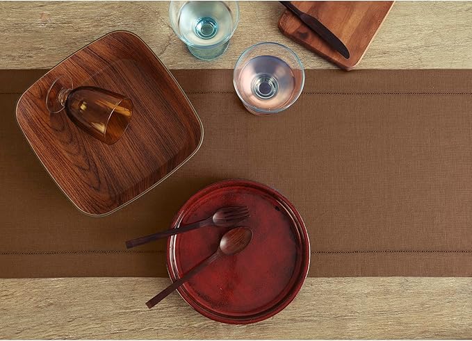 Solino Home Linen Brown Table Runner 48 Inches - Classic Hemstitch, 100% Pure Linen Coffee Table Runner 14 x 48 Inch Ideal for Dresser Tables, Fall, Autumn, Thanksgiving-Ruum Studio Home