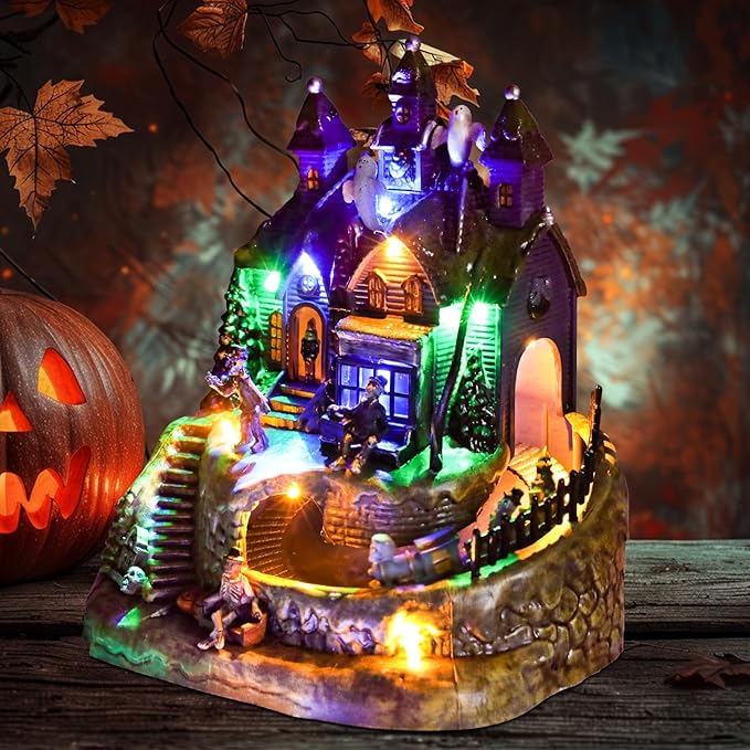 DREAM GARDEN Halloween Village Collection, Lighted Spooky Haunted House with Animated Train and Scary Sound Resin Spooky Town with Skull, Pumpkin, Ghost for Holiday Party Tabletop Decor-Ruum Studio Home