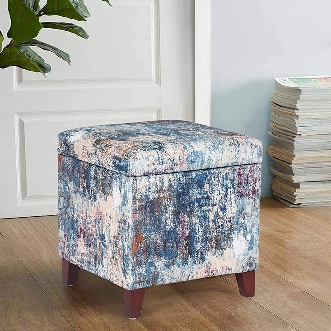 Adeco 18 Inch High Cube Ottoman Storage, Linen Chair Foot Stools, Upholstered Vanity Stool with Hinged Lid, Solid Wood Legs-Ruum Studio Home