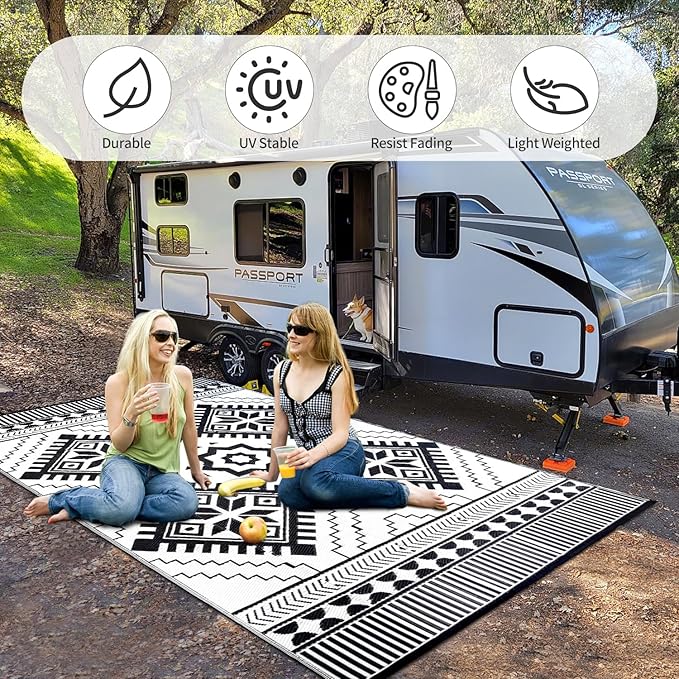 Waterproof Outdoor Rug 8x10ft, Boho Reversible Plastic Straw Mat for Patio RV Deck Porch Backyard Balcony Camping Picnic Beach Indoor Outdoor Carpet, Black&White-Ruum Studio Home