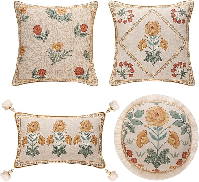 patdrea Designer Pack of 4 Throw Pillow Covers,Beige Vintage French Soft Linen Pillows Cover with Daisy Floral Pattern,Vintage Square Farmhouse Decorative Pillowcase for Couch,Bed,Living Room-Ruum Studio Home