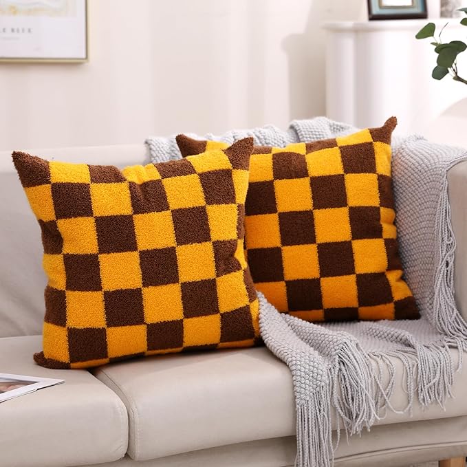 Alysheer Checkered Embroidered Decorative Throw Pillow Covers 18"x 18" Set of 2, Farmhouse Maillard Orange Brown Plaid Tufted Patterned Cotton Canvas Cushion Case for Sofa Couch Bed Living Room-Ruum Studio Home