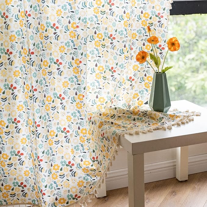 Sutuo Home Boho Curtain Semi-Blackout Colorful Florals Print Cotton Linen Fabric, Handmade Tassels Rod Pocket Bohemian Farmhouse Country Window Drapes for Living Bedroom, 59" W x 84" L, 1 Panel-Ruum Studio Home