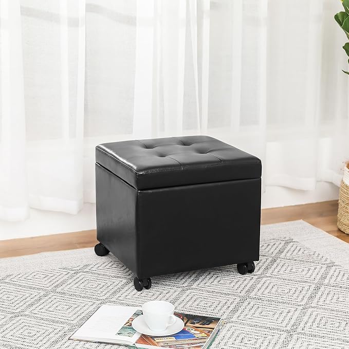 Adeco 17.7" Leather Ottoman with Wheels, Black Square Rolling Ottoman with Storage, Upholstered Button Tufted Vanity Stool with Hinged Lid for Living Room, Bedroom, Dorm-Ruum Studio Home