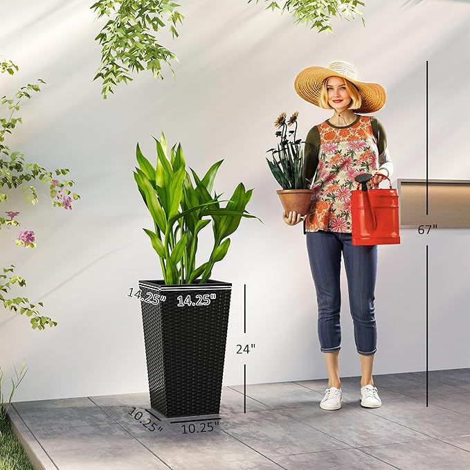 Outsunny Tall Planters for Outdoor Plants Set of 3, 24 in Taper Planters with Drainage Holes, Rattan Decor Plant Pots for Indoor Outdoor Front Porch Patio Backyard, Black-Ruum Studio Home