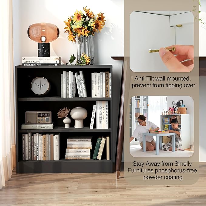 3-Tier Metal Open Shelf Bookcase, Bookcase with Adjustable Shelves, Floor Standing Book Shelf, Freestanding Display Storage Shelves, Curio Cabint Display Case for Small Places/Living Room/Corner-Ruum Studio Home