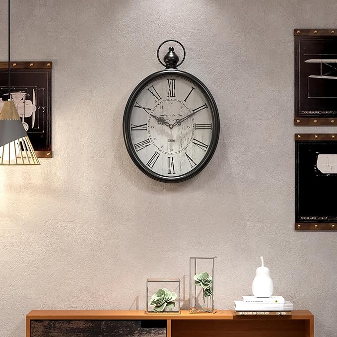 Menterry Oval Retro Wall Clock, Rustic Vintage Style, Black Antique Design, Battery Operated Silent Decor Large Wall Clocks for Kitchen,Farmhouse,Office (15.5" H x 10.5" W)-Ruum Studio Home