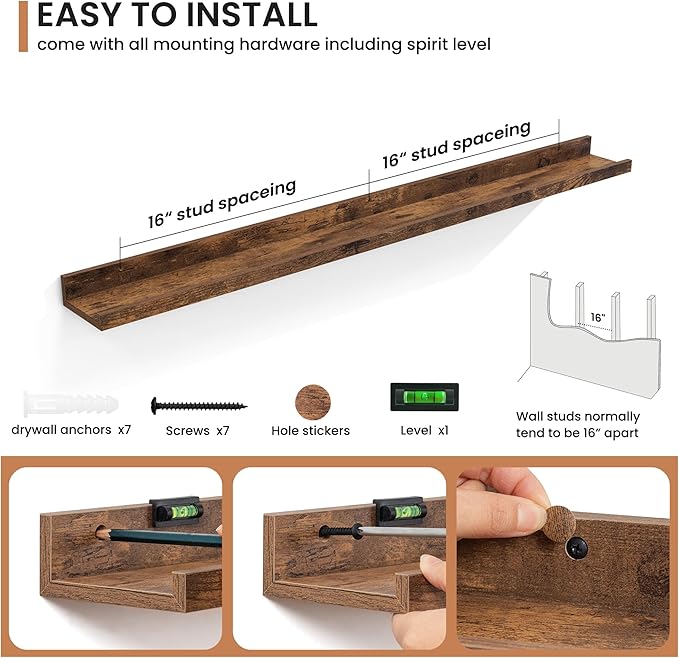 Fun Memories Picture Ledge Shelves Set of 2, 48 Inch Rustic Wall Mounted Floating Shelves with Lip for Home Storage and Décor in Bathroom, Kitchen, Nursery, Bedroom, Living Room, Brown-Ruum Studio Home