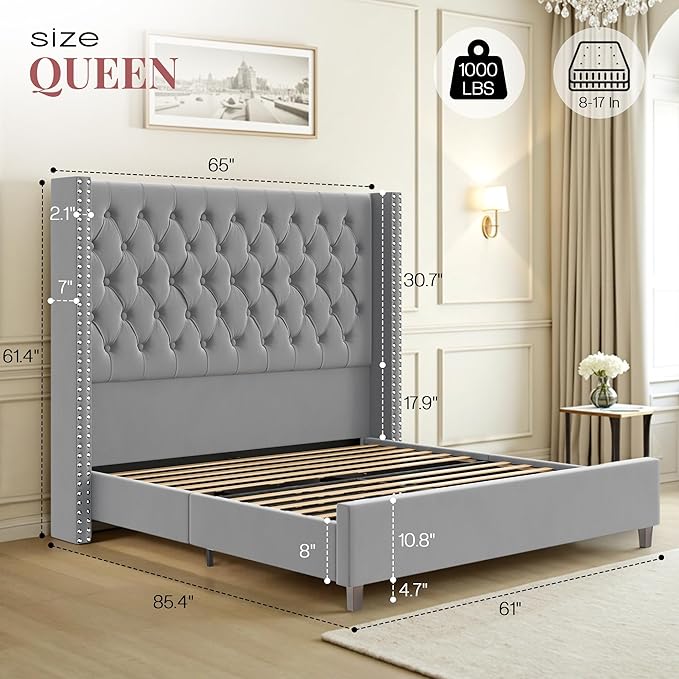 PaPaJet Queen Size Bed Frame with 61.4" Tall Headboard, Velvet Upholstered Platform and Handmade Deep Button Tufting, No Box Spring Required, Grey-Ruum Studio Home
