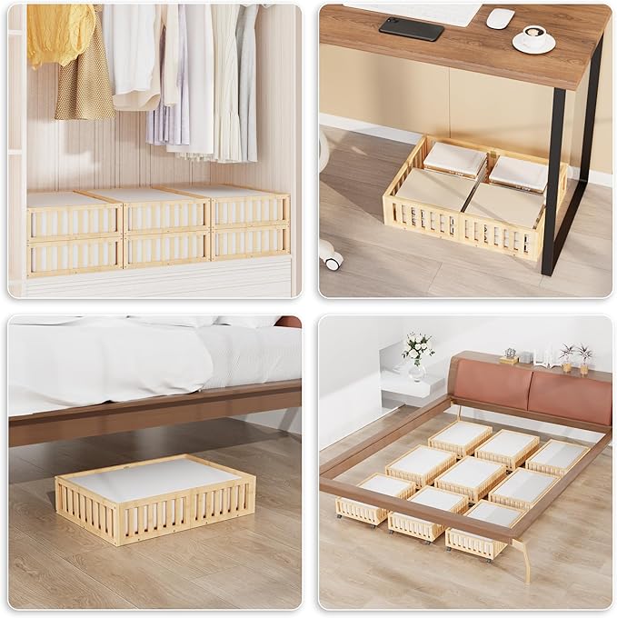 Bamboo Under Bed Storage with Wheels (2-Pack) – Rolling Underbed Shoe Organizer Box for Shoes, Blankets, Toys, Clothes Container Space-Saving Organizer Bins for Bedroom, Closet, Dorm, Nursery-Ruum Studio Home